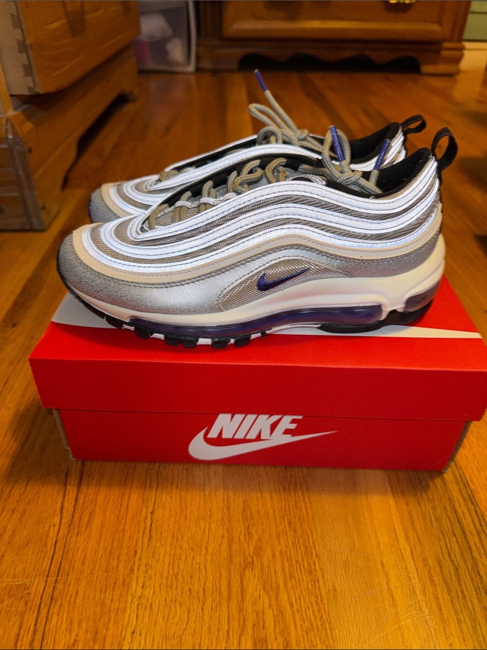 Nike Air Max 97 Silver White/Silver/Purple Youth 4 = 5.5 in women’s